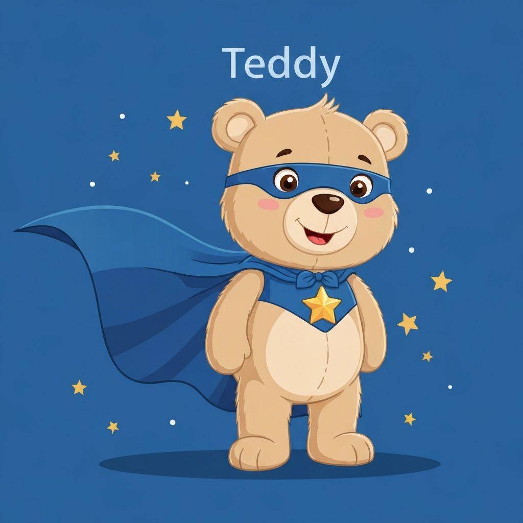 Teddy the SuperBear - a cute beige cartoon bear wearing a blue hero cape with a golden star on his chest